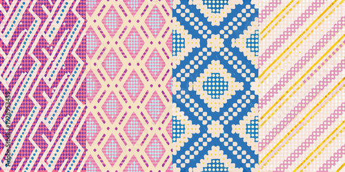 Abstract close up of colorful woven textile patterns and geometric designs