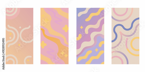 Four abstract vertical panels with swirling and wavy patterns