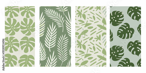 Four vertical panels displaying various tropical leaf patterns in green tones