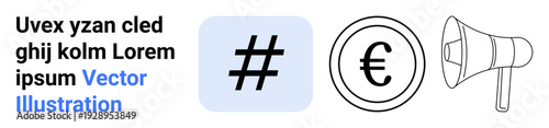 metadata tag, euro currency in a circle, and megaphone outline. Ideal for social media, marketing, branding, finance, communication, digital promotion and a simple landing page