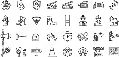 Fire Safety and Emergency Line Icons Set with Firefighter Equipment Alarm Hydrant and Rescue Symbols Vector Collection