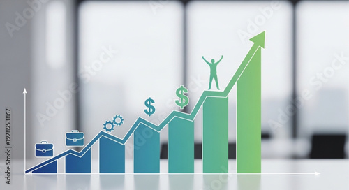 Financial growth chart with rising arrow and celebrating person.