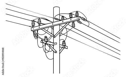 Hand drawn line art illustration of a utility pole depicting power lines and electrical wires for electrical infrastructure