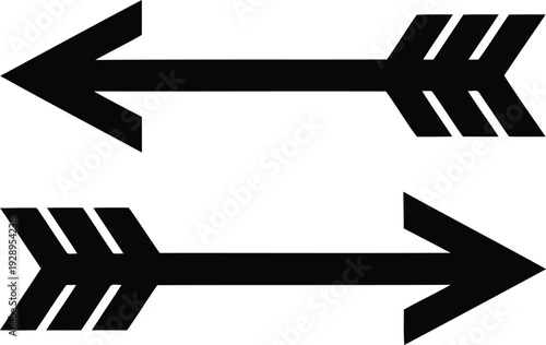 Two arrows pointing in opposite directions with feathered fletching details