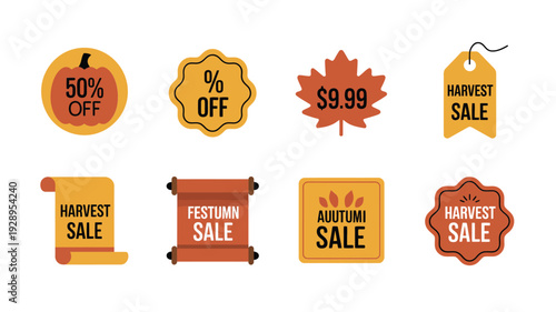 Autumn harvest sale icon badge pack with wheat grain wreath, 5.99 tag, discount badge, leaf accents seasonal flat vector design templates