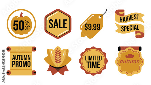 Sale badge icon pack with pumpkin emblem, 9.99 price tag, wheat symbols, sunburst discount shapes and decorative seasonal vector icons