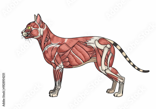 Anatomical illustration showcasing the detailed musculature and skeletal structure of a feline, presented in a side profile view
