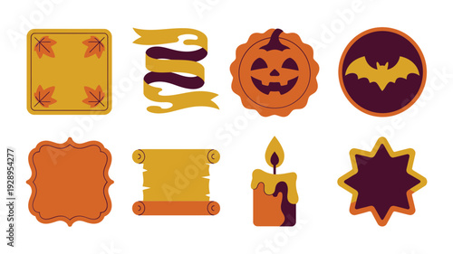 Halloween seasonal badge icon set with pumpkin faces, bats, scroll frames, leaf wreath emblems and celebration vector icon pack