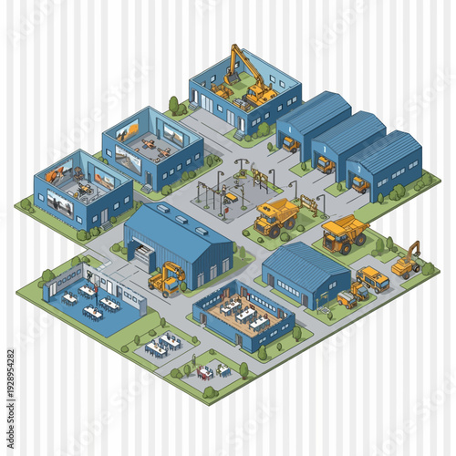 Isometric Industrial Complex with Buildings and Vehicles.