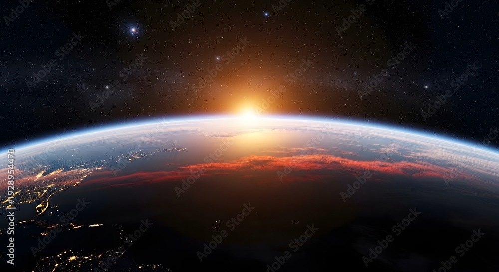 Fototapeta premium Earth sunrise from space with glowing horizon city lights and stars cosmic atmosphere view