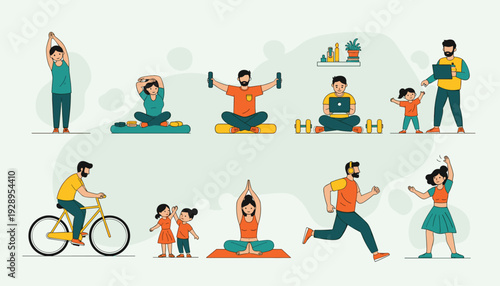 Illustration of diverse people engaging in various fitness activities