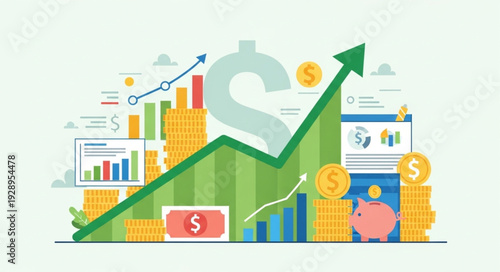 Financial Growth Chart with Coins and Piggy Bank.