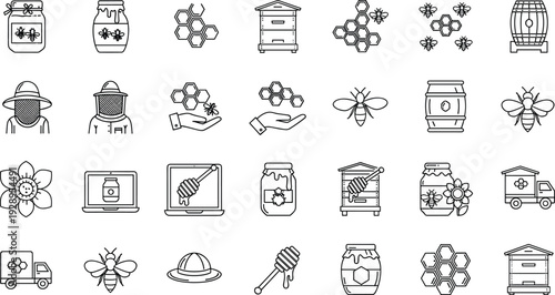 Honey and Beekeeping Line Icons Set with Beehive Bees Honey Jar and Apiary Equipment, Minimal Outline Agriculture Vector Collection