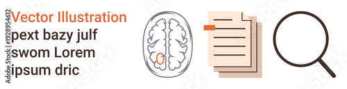 Research, education, data analysis, idea generation, knowledge exploration, study tools. Brain illustration, documents magnifying glass. Research and education concepts highlighted