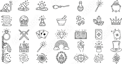 Magic and Fantasy Line Icons Set with Wizard Hat Crystal Ball Potion Spell Book and Mystical Symbols Vector Illustration Collection