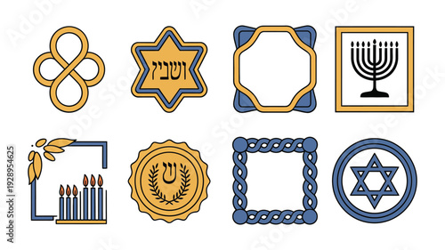 Jewish holiday decorative elements with ornate frames, menorah emblem, candle icons, seal badges and festival borders for posters events