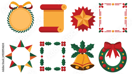 Seasonal label elements vector set with scroll banner, sunburst badge, wreath frame, holly corners, jingle bell, ribbon bow decorations
