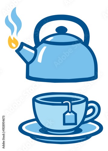 Line art tea set featuring a steaming kettle and a teacup with a tea bag for hot drinks