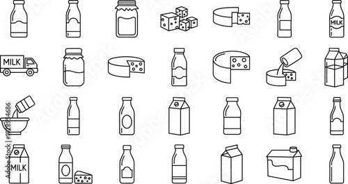 Milk and Dairy Product Line Icons Set with Bottles Cheese Cartons and Yogurt Containers, Minimal Outline Food Collection Vector Illustration