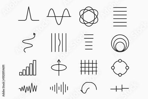 Quantum Motif Icons. Quantum visualization motifs. Line outline icon set of quantum visualization motifs: