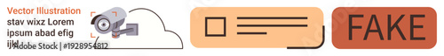 Data authenticity, online safety, misinformation, content verification, cybersecurity, surveillance. Icons of a camera, cloud and fake label. Highlights misinformation and cybersecurity