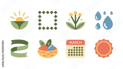 Spring planner and gardening vector icon set with sunrise, sprout, water drops, ribbon, frame, March label, planting season, rainy design