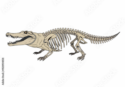 Illustration of a complete crocodile skeleton, showcasing its bony structure and skeletal anatomy in a side-view profile on a white background