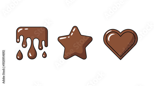 Chocolate glaze drip, star and heart sweets, valentines day dessert icons, bakery festival design, candy shop signage, romantic celebration graphics