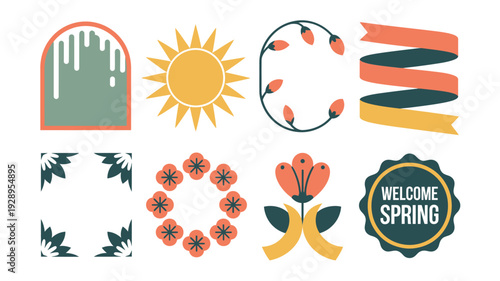 Welcome spring icons collection, sunshine and ribbons, floral wreaths, festival poster elements, seasonal fair signage, vernal equinox celebration graphics