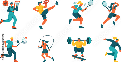 Illustrations of people engaging in various sports and fitness activities