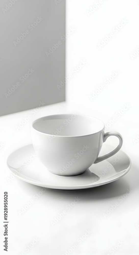 Fototapeta premium Minimalist white ceramic teacup and saucer set elegantly displayed on a clean white surface with subtle grey background elements