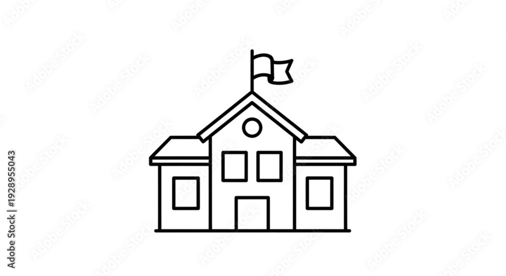 Fototapeta premium Simple line illustration of a school building with a flag on top viewed from the front