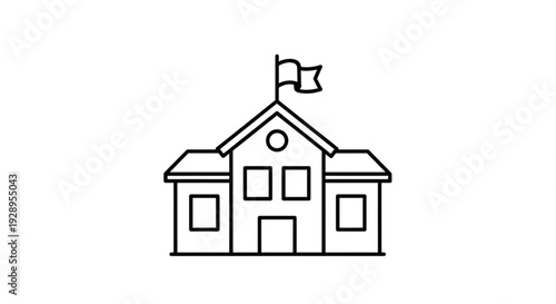 Simple line illustration of a school building with a flag on top viewed from the front