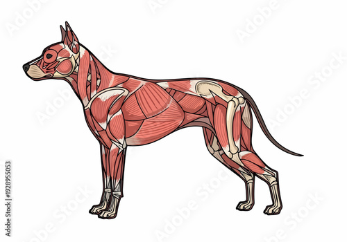 Detailed anatomical illustration of a dog's muscular system, showcasing the intricate network of muscles and skeletal structure in a side profile view