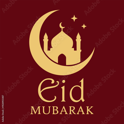 Eid mubarak greeting card design with mosque and crescent moon