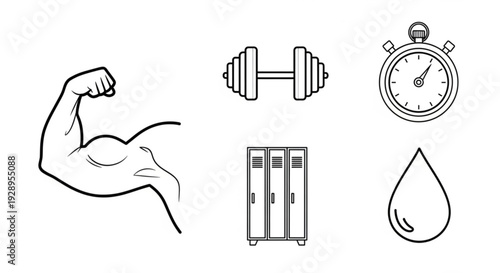 Fitness icons set including arm, dumbbell, stopwatch, locker, and water droplet on a simple background from a straightforward viewpoint.