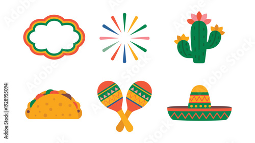 Party icon graphics pack with taco, maracas, sombrero, cactus, confetti burst, speech cloud for Cinco de Mayo social media