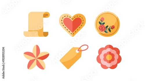 Romantic celebration elements, ribbon scroll, stitched heart ornament, floral coin badge, pinwheel flower, hang tag, mothers day, anniversary invitation