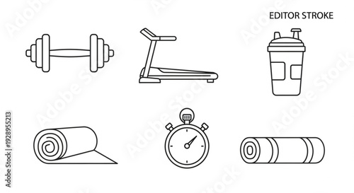 Fitness Essentials Collection Featuring Dumbbell, Treadmill, and Timer in Simple Line Illustrations