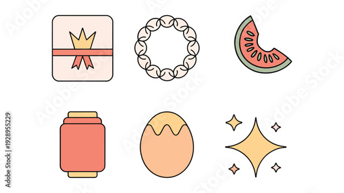 Spring holiday icons, gift box, beaded wreath, citrus slice, mason jar, easter egg, sparkle stars, mothers day celebration vector