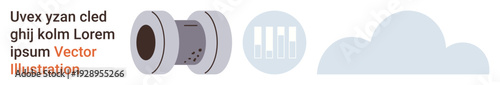 Cloud computing, data storage, technology, internet services, digital transformation, network security. Circular device, bar chart and cloud shapes. Cloud computing and data storage concept
