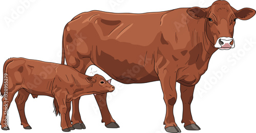 Brown Cow and Calf Realistic Farm Animal Vector Illustration Isolated Livestock Cattle Design