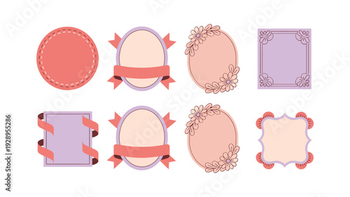 Pastel scrapbook frame set, stitched circle and square labels, lace floral borders, corners, greeting card template, baby shower, bridal vector