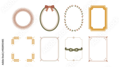 Ribbon bow and rope oval frames vector pack with wheat corners, square labels, anniversary invitation, baby shower tag, stationery design