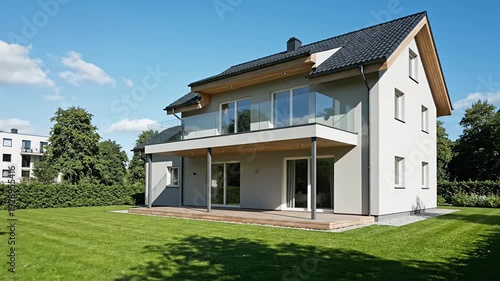 Modern residential house with balcony, green lawn, and blue sky.