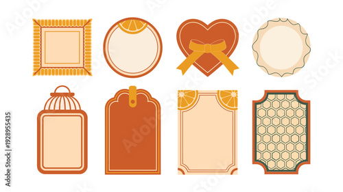 Decorative tag and frame vector pack with bow circle, heart label, ornate border, gift card, wedding favor, boutique packaging design