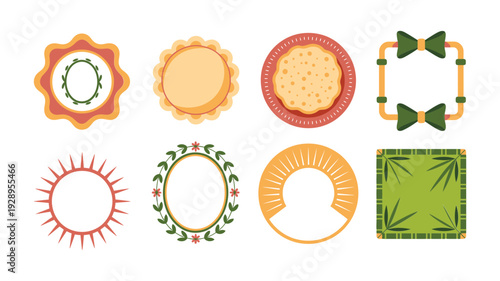 Summer sale sticker and label icons with sunshine seals, warm round badges, tropical leaf frame, wreath rings and bow ribbons