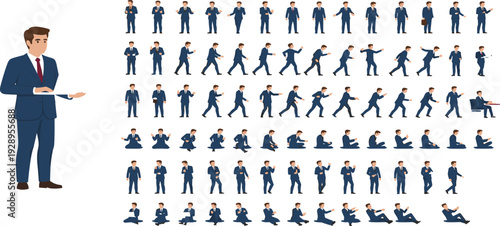 Businessman character construction kit with various poses gestures walking sitting standing presenting and thinking for professional corporate office storytelling.