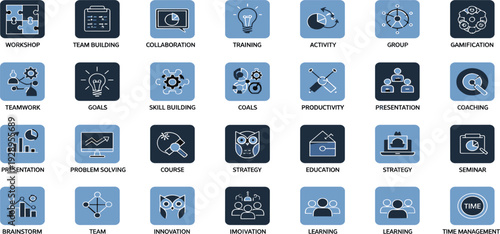 Business training and teamwork icon set with workshop, collaboration, strategy and productivity symbols, modern flat blue vector collection for web and presentation design