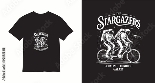 Astronauts riding tandem bicycle through galaxy, stargazers theme